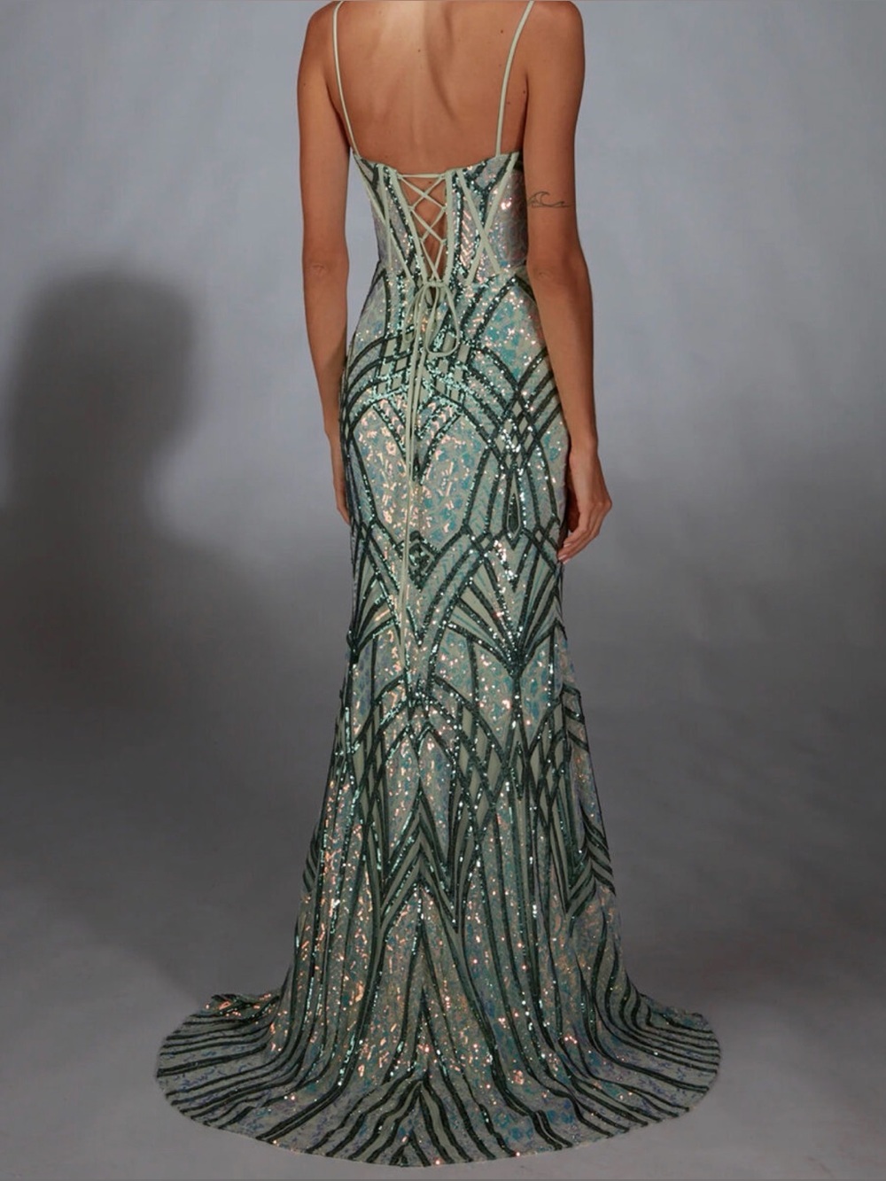 Alyce Paris Mint Green Sequin Geometric Prom Dress with Side Slit